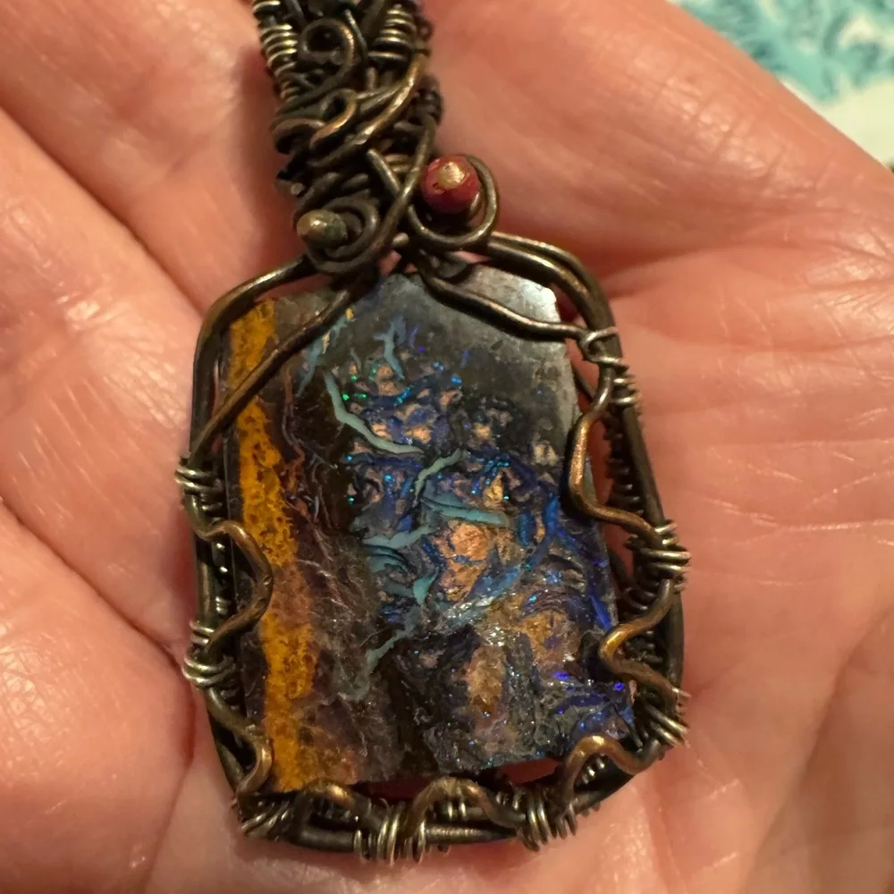 Handcrafted Copper Wire-Wrapped Boulder Opal Pendant in Multicolor